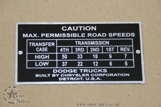 Data Plate Dodge WC MAX Road Speeds, 6x6