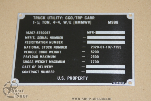 US Army Hummer Identification Plate HMMWV M998