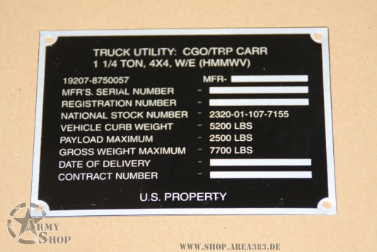 US Army Hummer Identification Plate  HMMWV M998