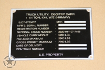 US Army Hummer H1 M998 Plaque constructeur Identification Plate